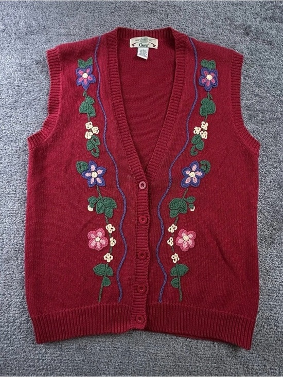 Orvis Sweaters - Orvis Sweater Vest L Embroidered Floral Ramie Hong Kong Granny Cottage Vtg 90s